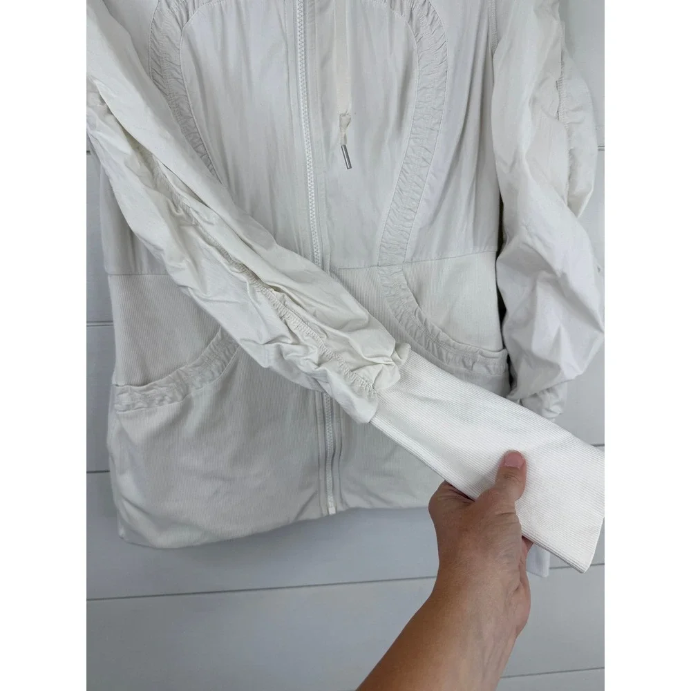 Lululemon Dance Studio Jacket Women 12‎ White Ruched Hooded Full Zip Activewear